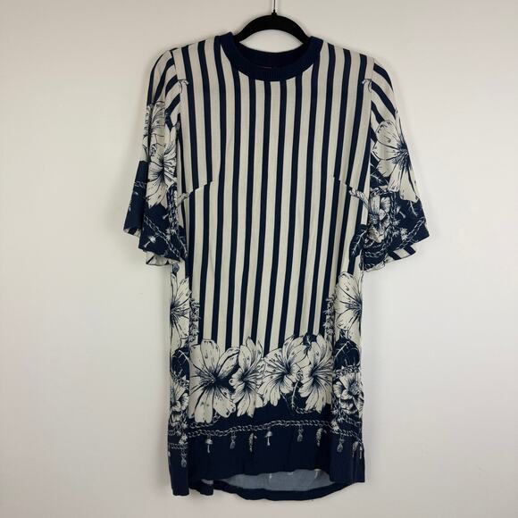 Farm Rio Womens Crewneck Striped Floral Navy/White Half Sleeve Mini Dress Medium - Picture 2 of 10